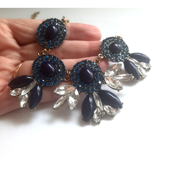 J.Crew Blue And Clear Crystal Stone Gold Tone Statement Necklace 17" + 2" Ext - Picture 3 of 5